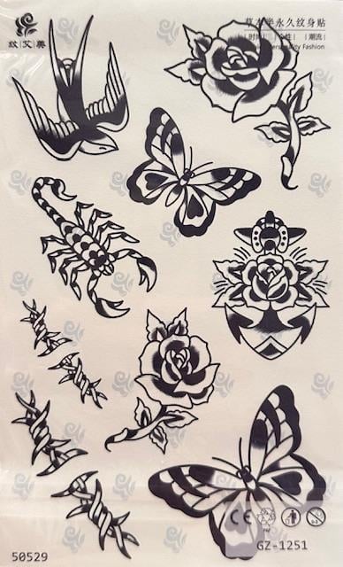 Akrep,Kelebek,Kuş ve Gül  Karışık Temalı Yarı Kalıcı Dövme 