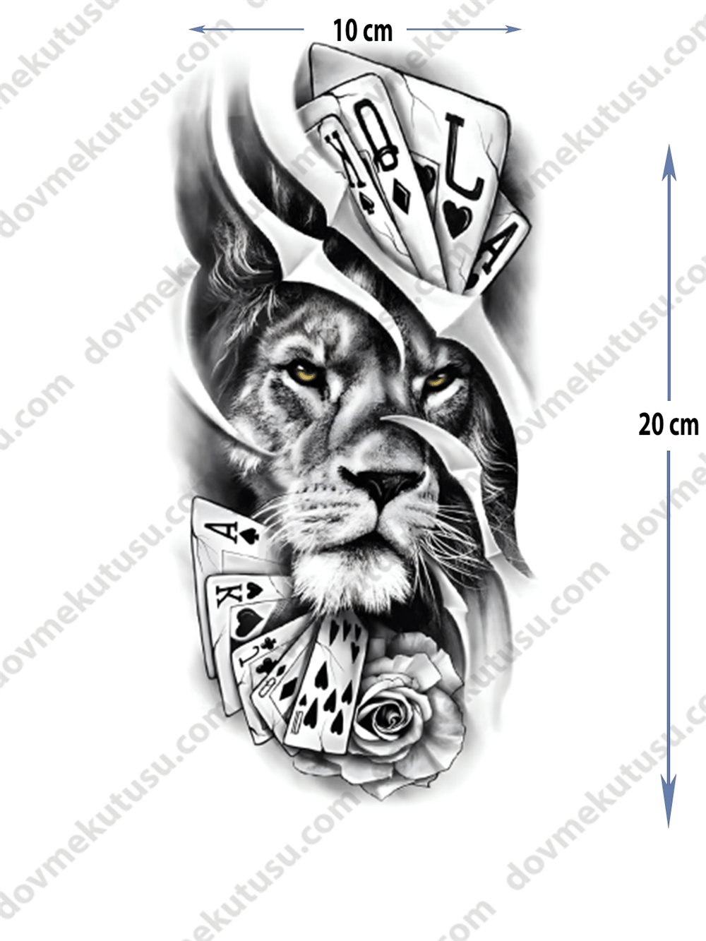 Geçici Dövme – Aslan ve İskambil Kartları 3D Motifi ile Güç, Strateji ve Şansın Sembolü!