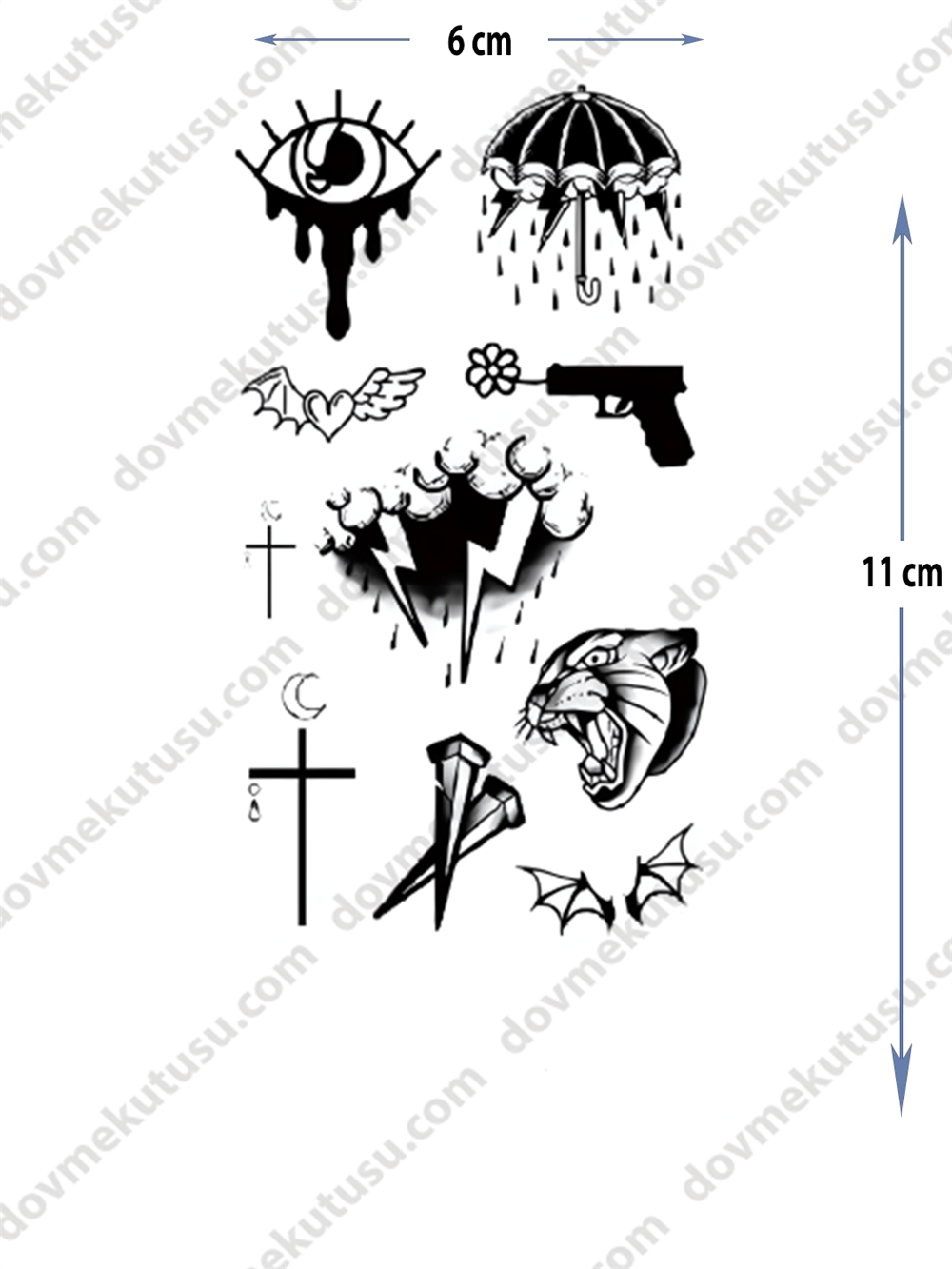 Geçici Dövme | Göz, Silah, Kaplan ve Kalp – Güç ve Tutkunun Sembolü