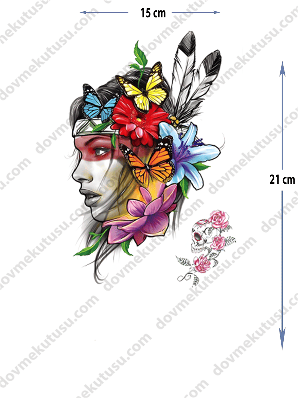 Geçici Dövme | Kadın Yüzü, Kelebek ve Çiçek Tasarımı – Doğal Güzellik ve Özgürlüğün İfadesi