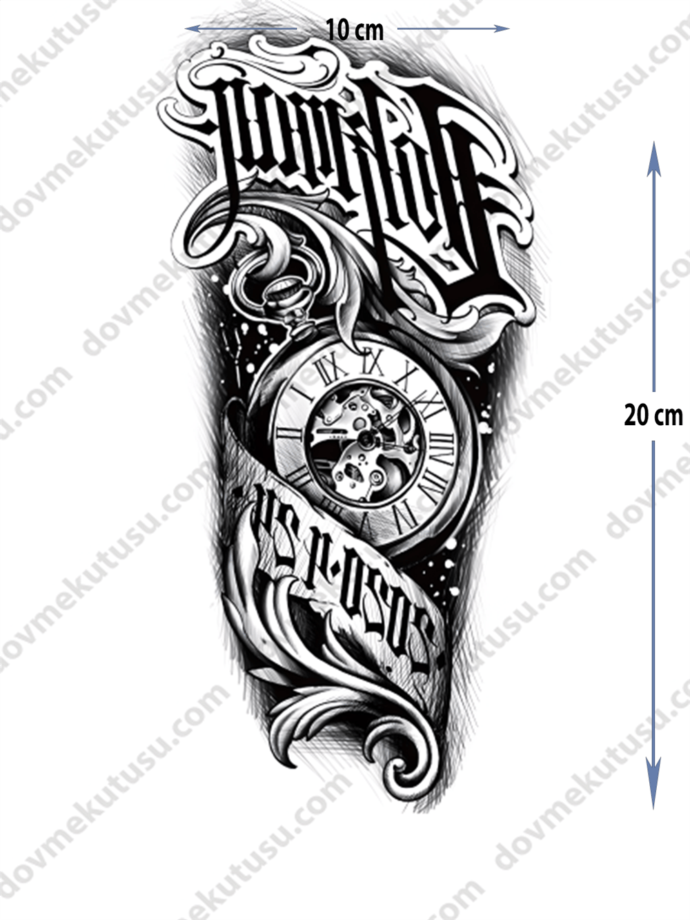 Geçici Dövme – Saat ve Gotik Yazı 3D Motifi ile Zamanın Geçişi, Gizem ve Estetiğin Sembolü!
