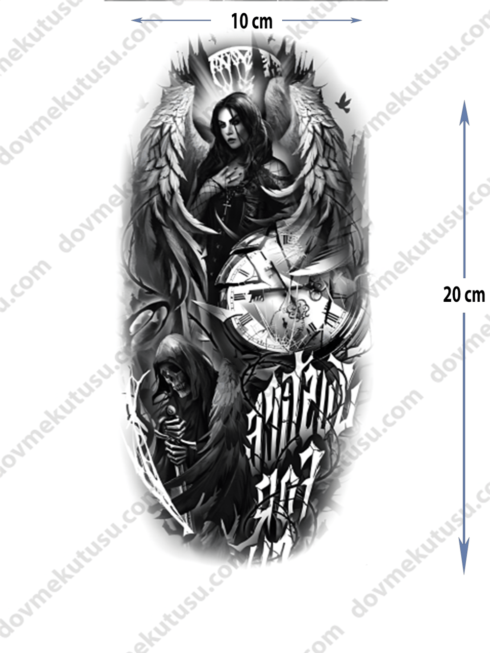 Geçici Dövme – Saat ve Melek 3D Motifi ile Zamanın Akışı, Koruma ve İlahi Gücün Sembolü!