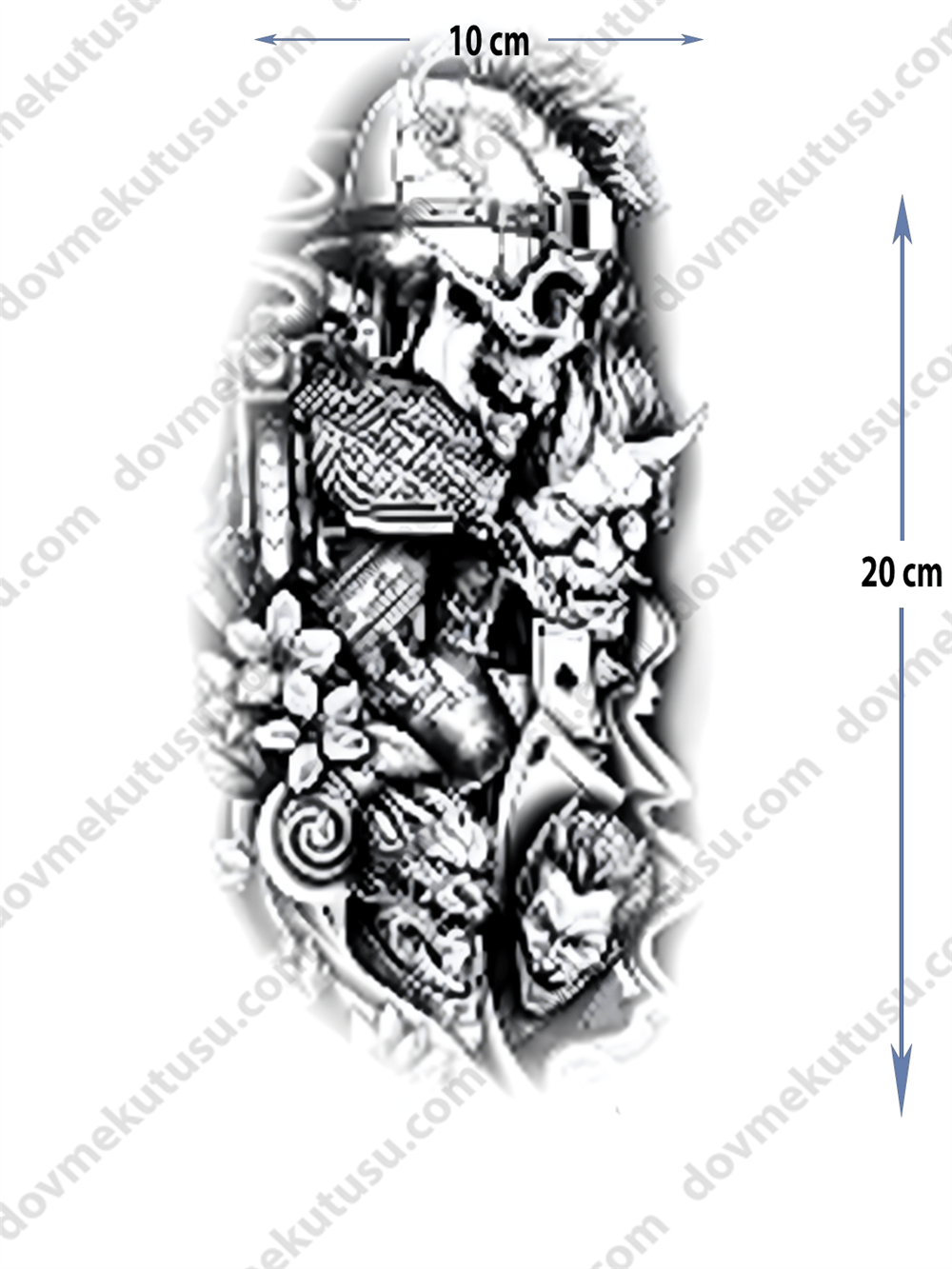 Geçici Dövme – Samuray, Kafatası ve Çiçek 3D Motifi ile Asalet, Güç ve Doğanın Dengeleyen Güzelliği!