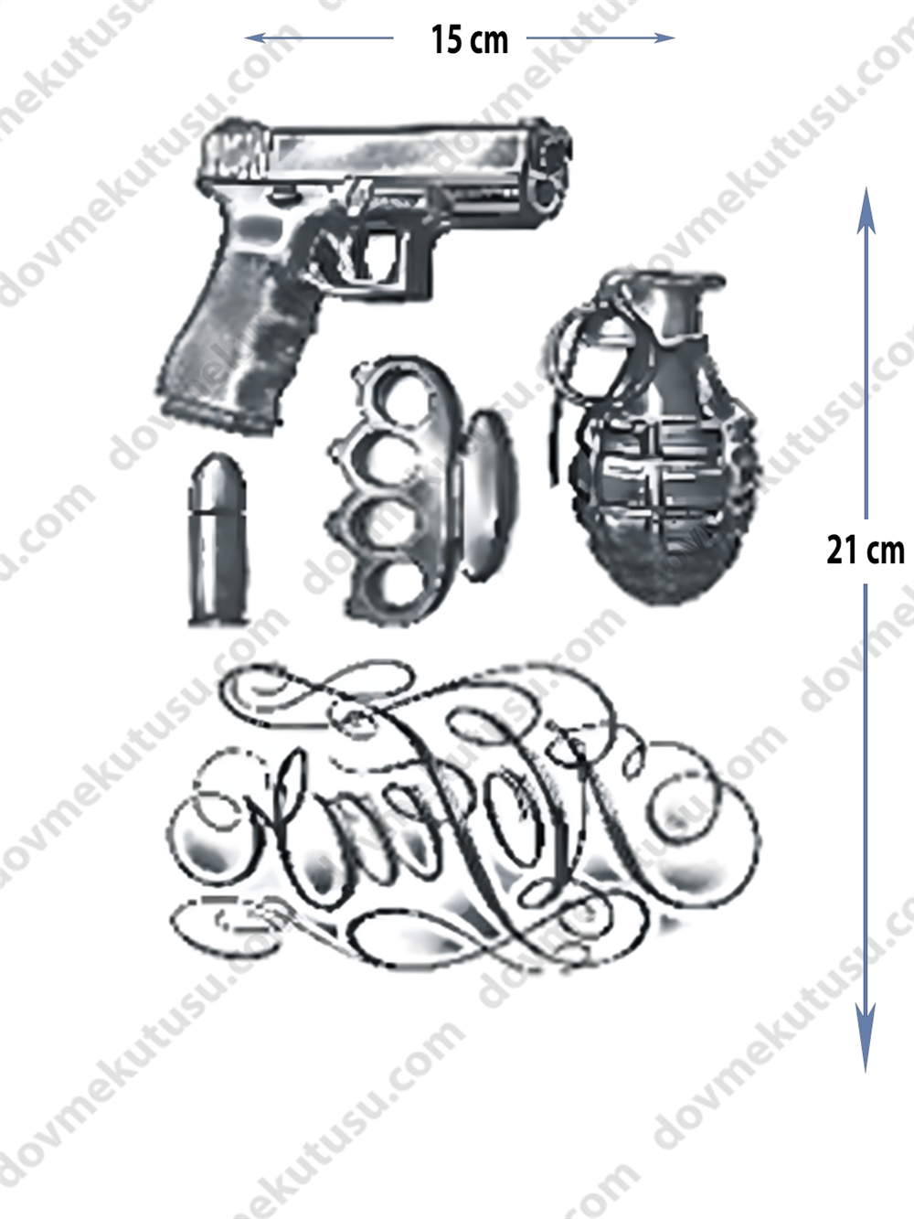 Geçici Dövme | Silah, Mermi, El Bombası ve Taç Tasarımı – Gücün, Cesaretin ve Krallığın Simgesi