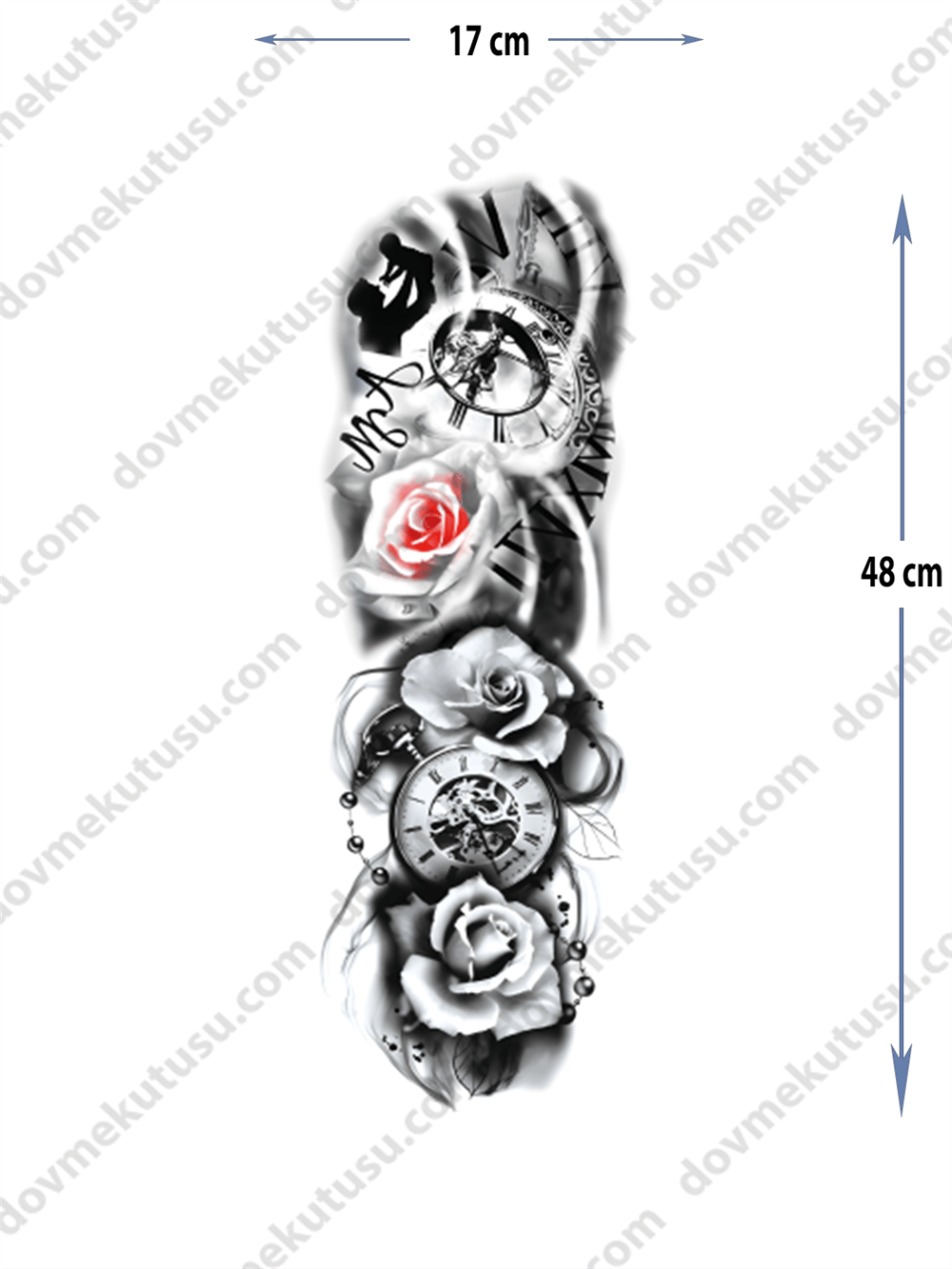 Geçici Kol Kaplama Dövme – Gül ve Saat Motifi ile Zamanın Geçiciliği ve Aşkın Sonsuzluğunun Birleşimi
