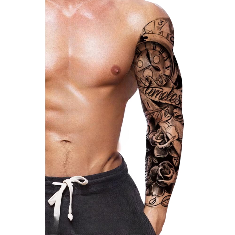 Geçici Kol Kaplama Dövme – Gül ve Saat Motifi ile Zamanın Geçiciliği ve Aşkın Sonsuzluğunun Sembolü!