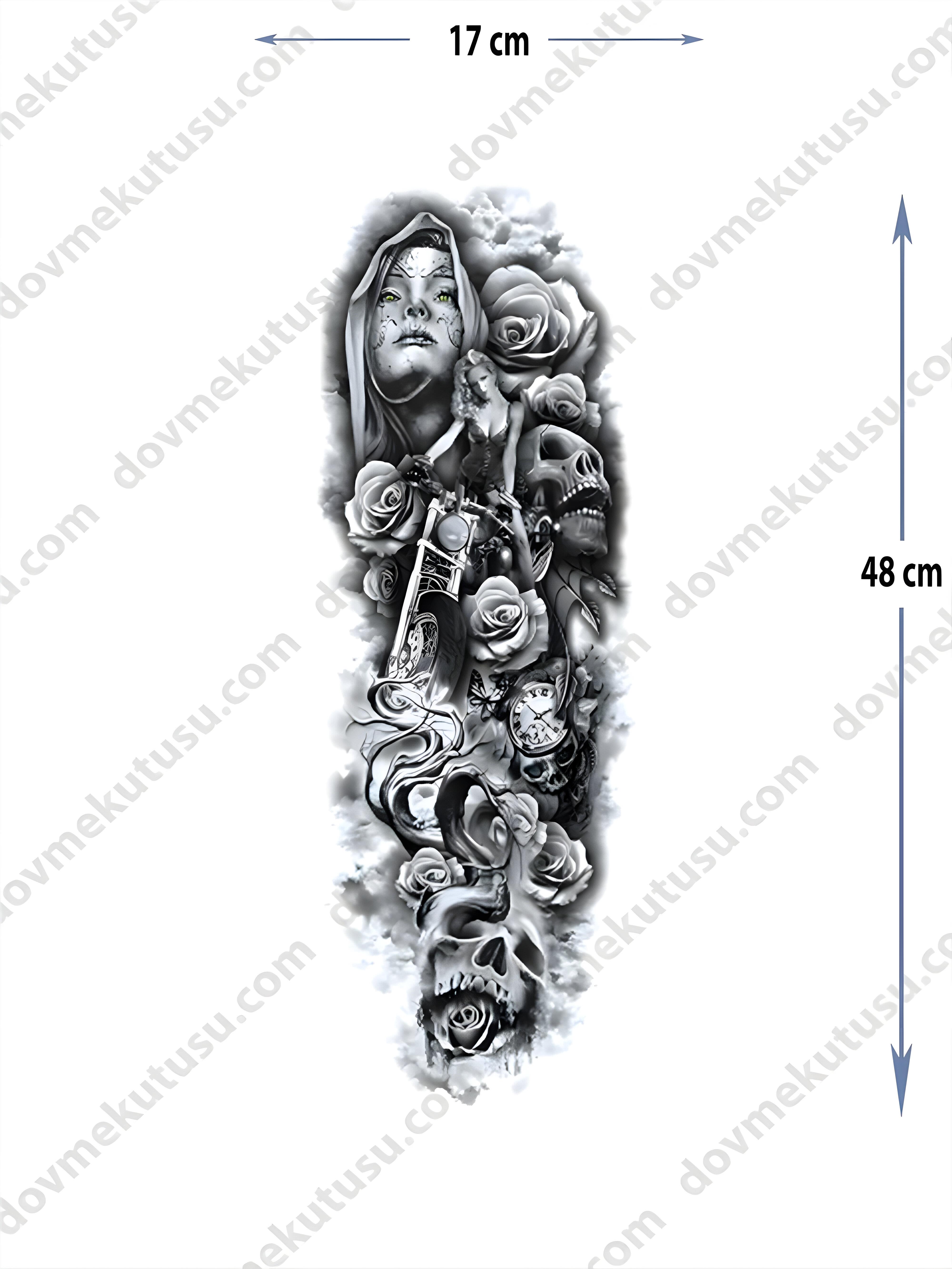 Geçici Kol Kaplama Dövme – Kadın, Gül ve Kuru Kafa Motifi ile Güzellik, Aşk ve Ölümün Derin Sembolü!