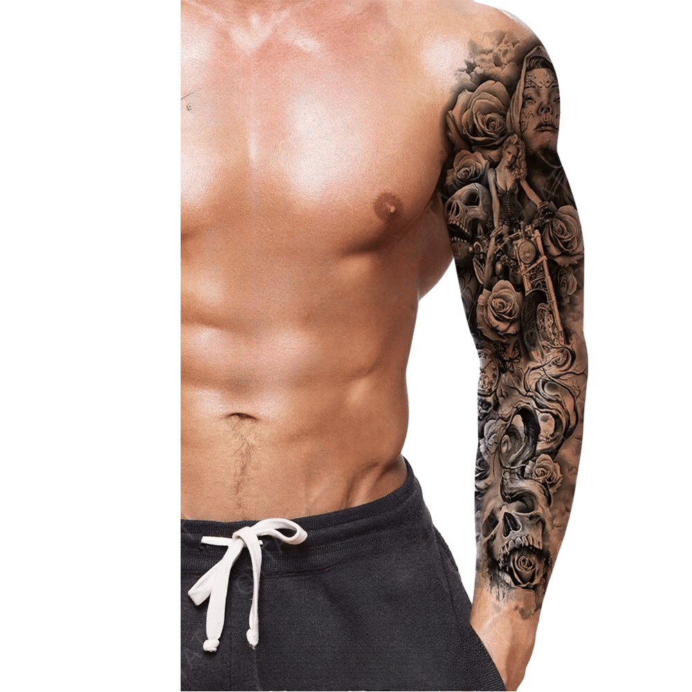 Geçici Kol Kaplama Dövme – Kadın, Gül ve Kuru Kafa Motifi ile Güzellik, Aşk ve Ölümün Derin Sembolü!