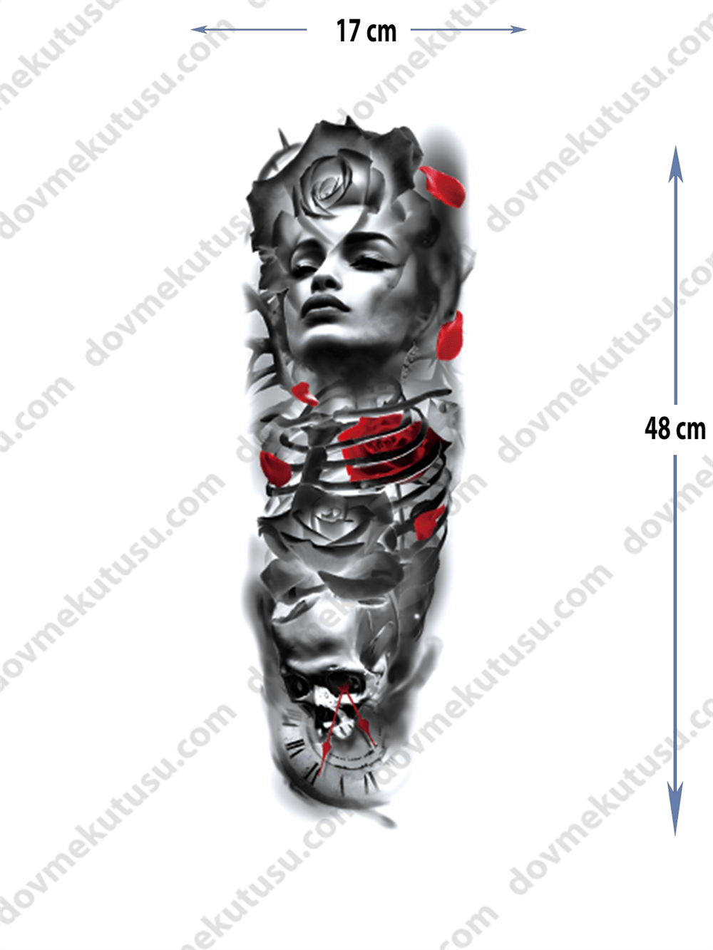 Geçici Kol Kaplama Dövme – Kadın Yüzü ve Güller Motifi ile Zarafet, Aşk ve Feminin Gücün Sembolü!