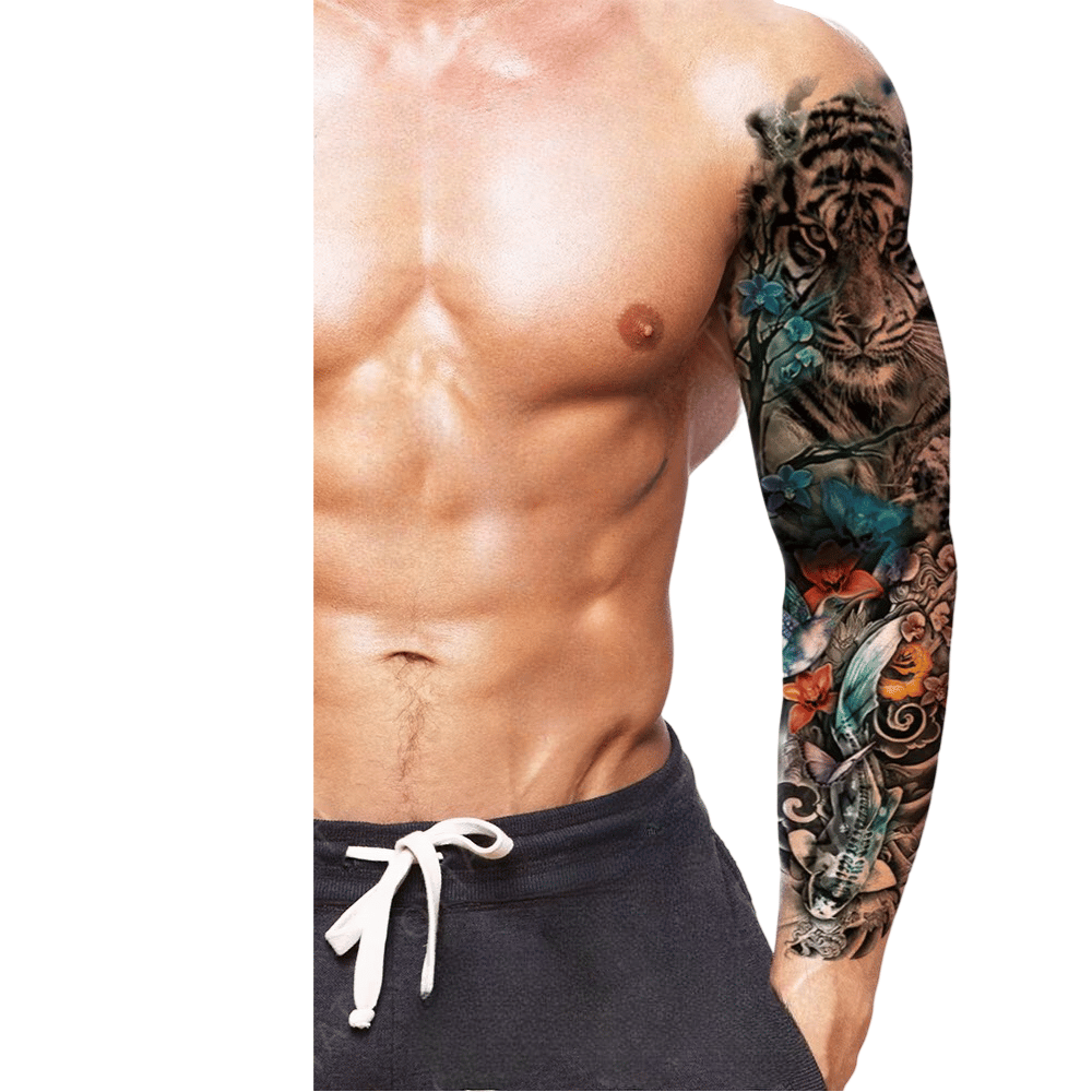 Geçici Kol Kaplama Dövme – Kaplan ve Balık Motifi ile Güç, Hız ve Doğanın Dengeleyici Gücü!