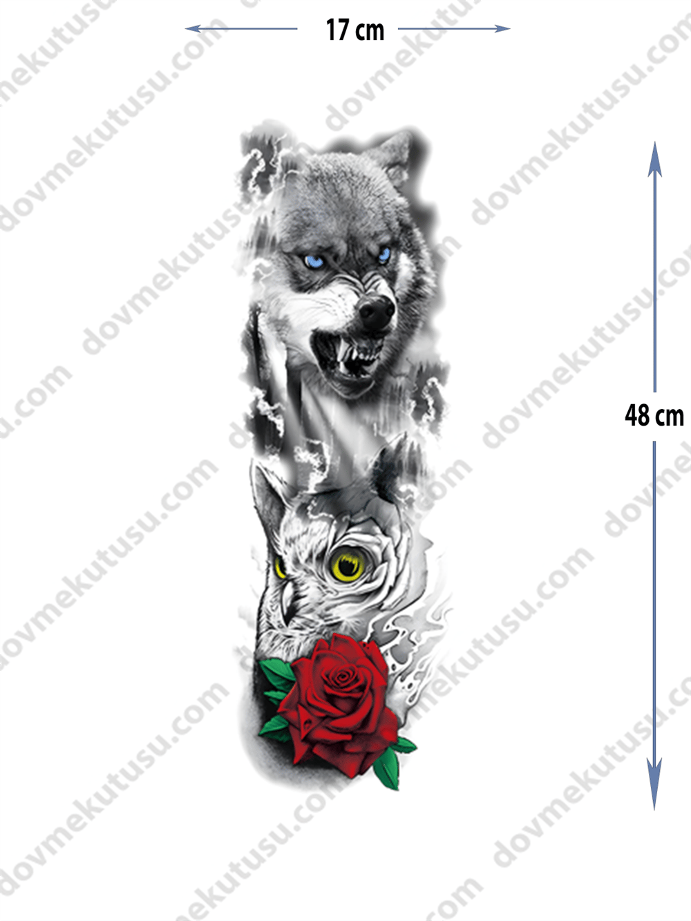 Geçici Kol Kaplama Dövme – Kurt ve Gül Motifi ile Doğanın Gücü ve Aşkın Zarafeti!