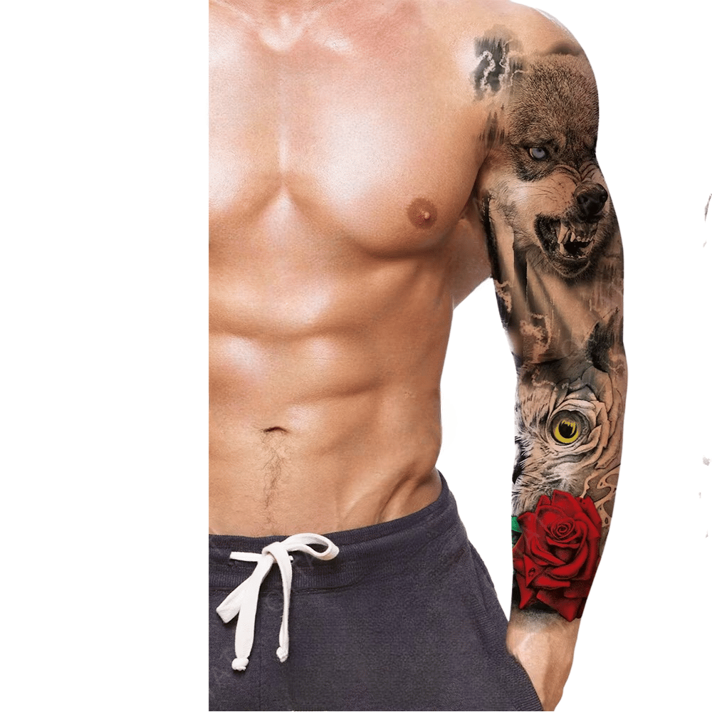 Geçici Kol Kaplama Dövme – Kurt ve Gül Motifi ile Doğanın Gücü ve Aşkın Zarafeti!