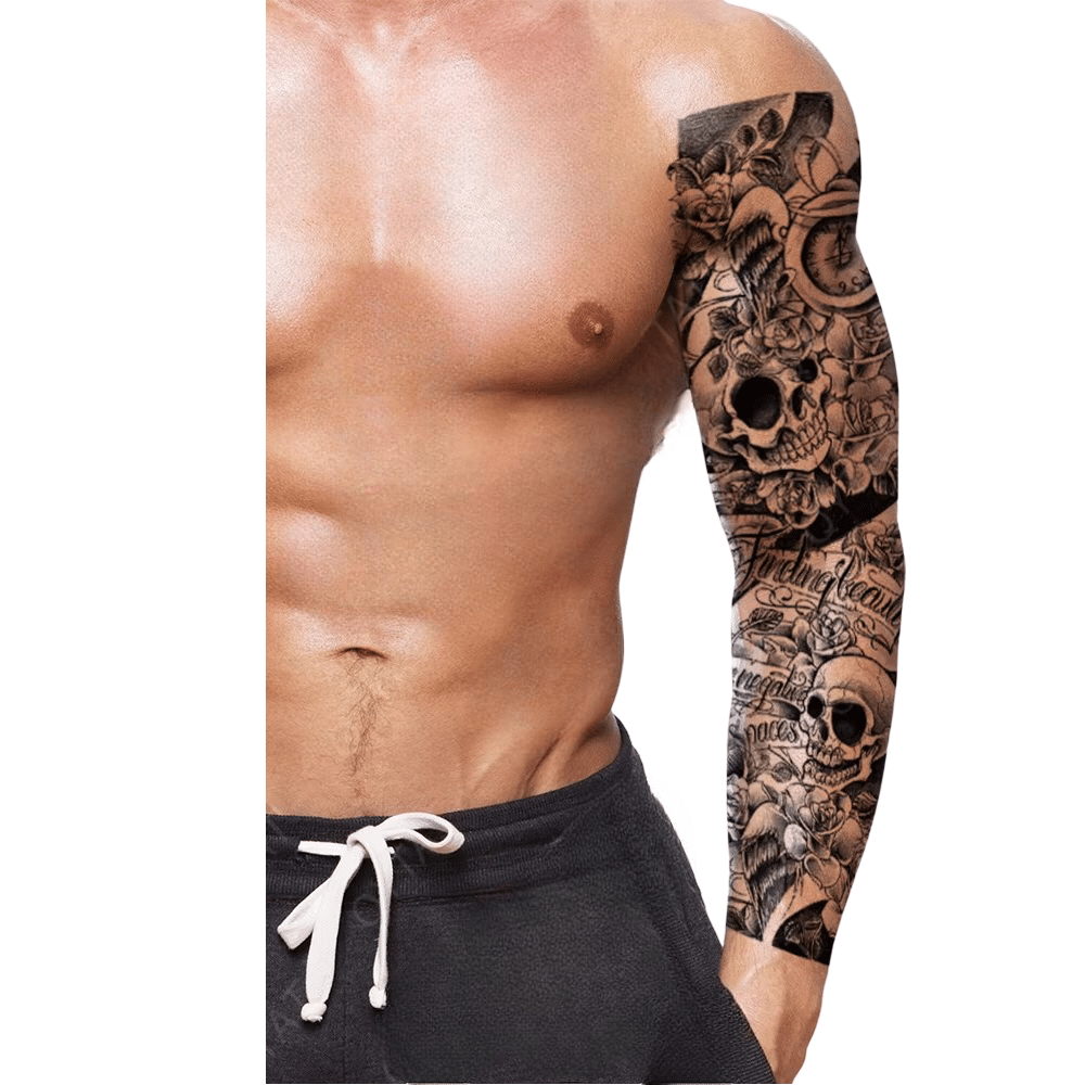 Geçici Kol Kaplama Dövme – Kuru Kafa ve Saat Motifi ile Zamanın Geçiciliği ve Ölümün İleriye Dönük Sembolü!