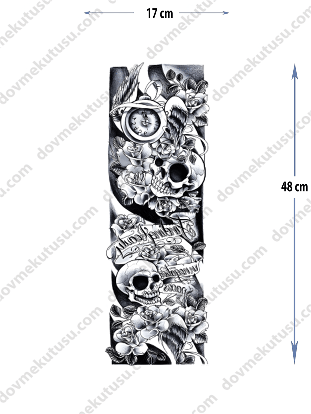 Geçici Kol Kaplama Dövme – Kuru Kafa ve Saat Motifi ile Zamanın Geçiciliği ve Ölümün İleriye Dönük Sembolü!