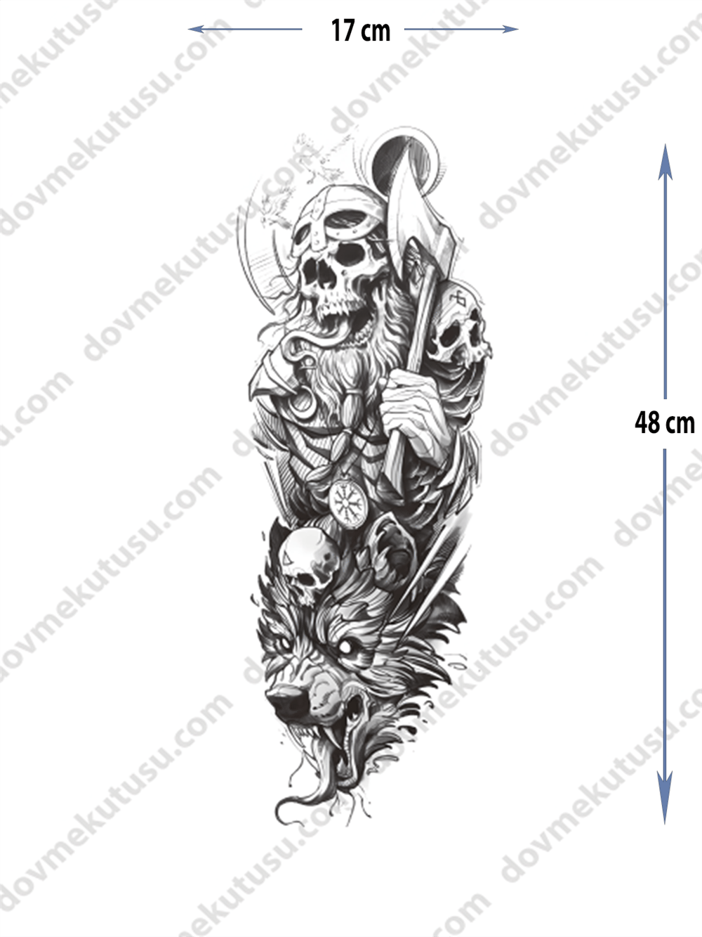 Geçici Kol Kaplama Dövme – Kuru Kafa ve Balta Motifi ile Güç, Tehlike ve Cesaretin Sembolü!