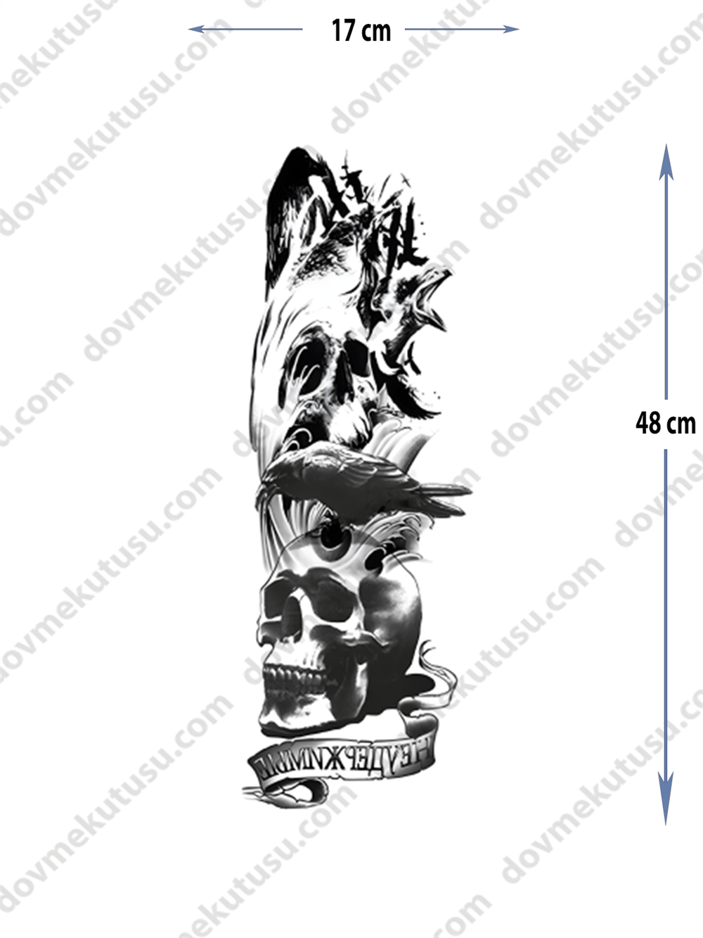 Geçici Kol Kaplama Dövme – Kuru Kafa ve Karga Motifi ile Ölümün, Gizemin ve Sırlı Gücün Sembolü!