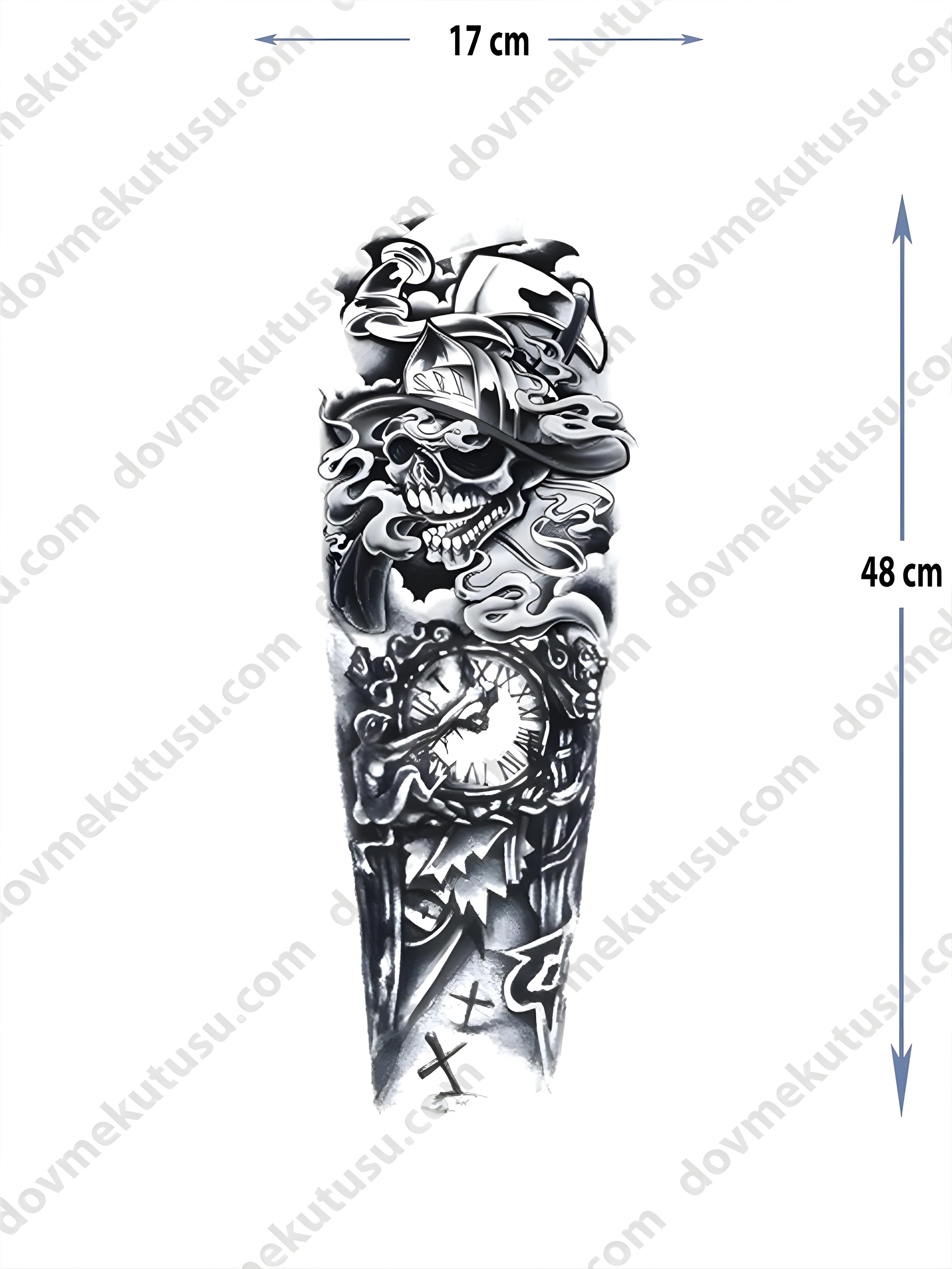 Geçici Kol Kaplama Dövme – Saat ve Kuru Kafa Motifi ile Zamanın Geçiciliği ve Ölümün Kaçınılmazlığının Sembolü!