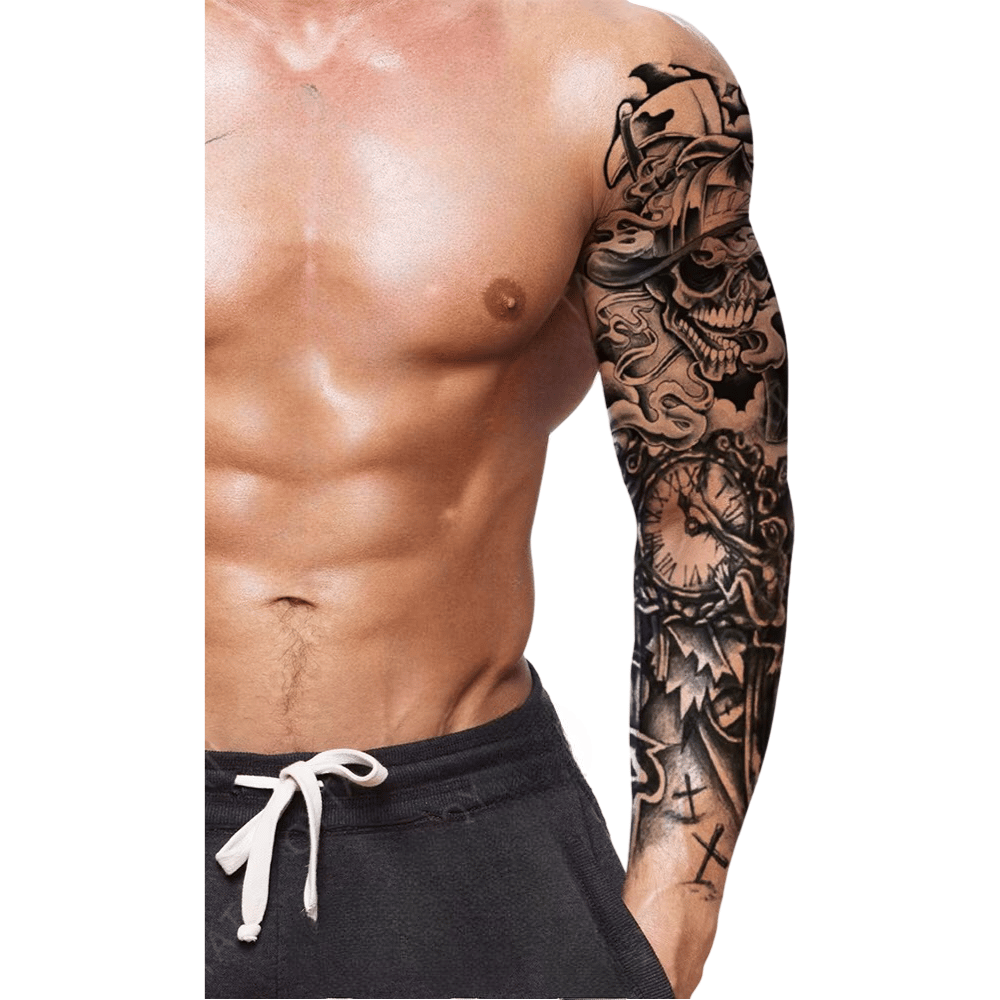 Geçici Kol Kaplama Dövme – Saat ve Kuru Kafa Motifi ile Zamanın Geçiciliği ve Ölümün Kaçınılmazlığının Sembolü!