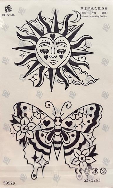 Güneş, KelebekÖzel Tasarım Yarı Kalıcı Dövme 
