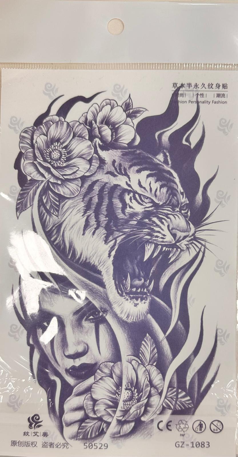 Kaplan çiçek ve kadın yüzü yarı kalıcı dövme 