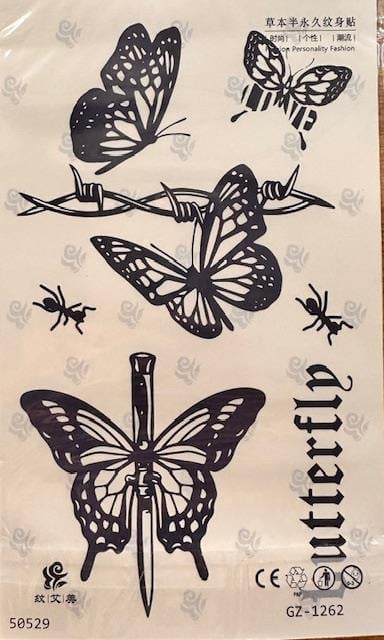 Kelebek ve Dikenli Tel Temalı Siyah Yarı Kalıcı Dövme 