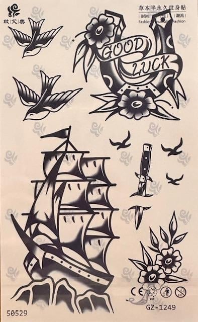 Kuş , Gemi ,Çiçek motifli Yarı Kalıcı Dövme 