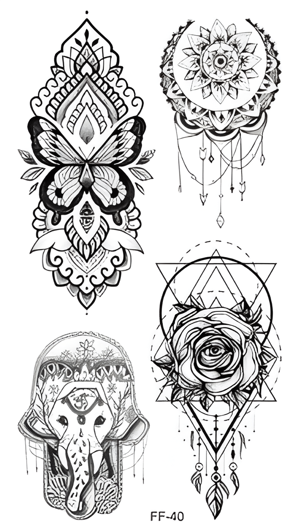 Mendala fil kelebek ve gül Geçici Dövme 