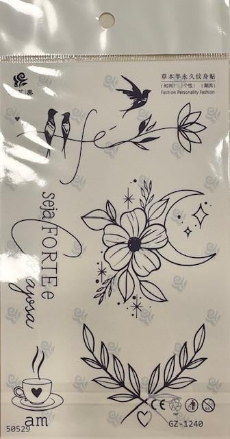 Minimal Çiçek & Yazı Tasarımlı Yarı Kalıcı Dövme – Kuş, Ay ve Yıldız Detaylı