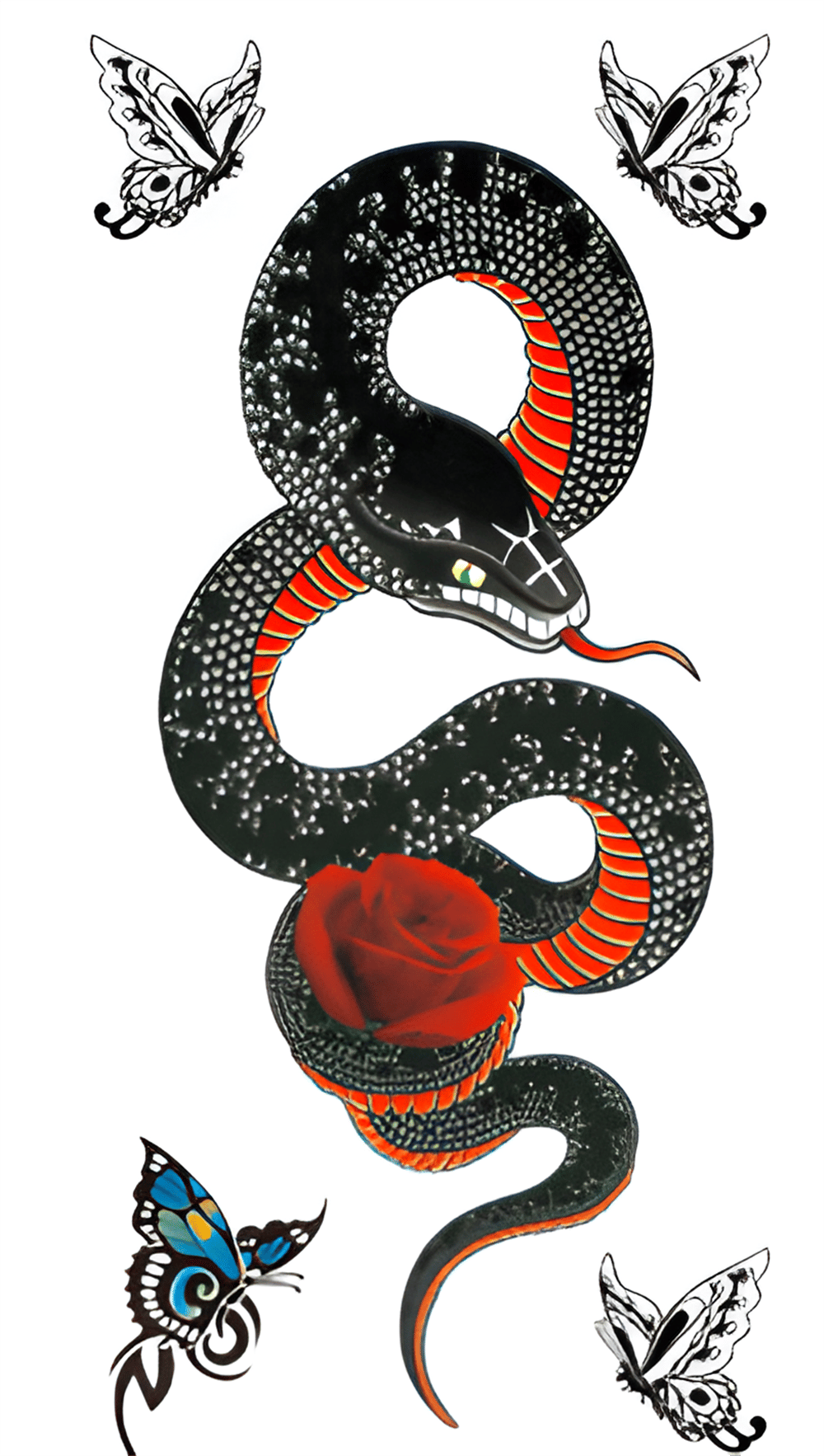 Yılan kelebek gül motifli geçici dövme 