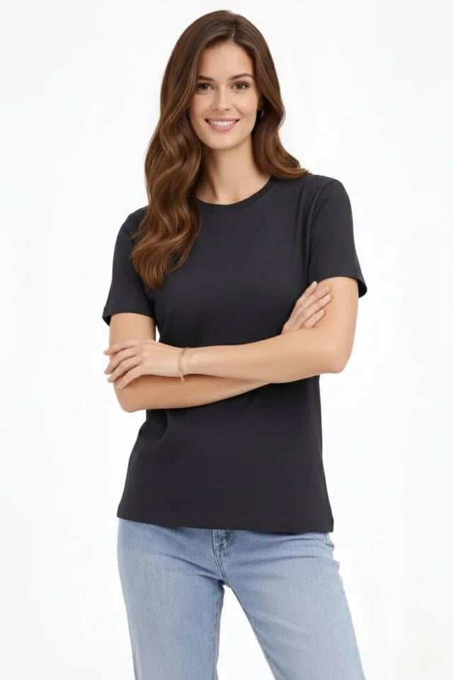 Bisiklet Yaka Tişört Regular Kalıp Basic Pamuklu Günlük Kullanım T-shirt - Füme