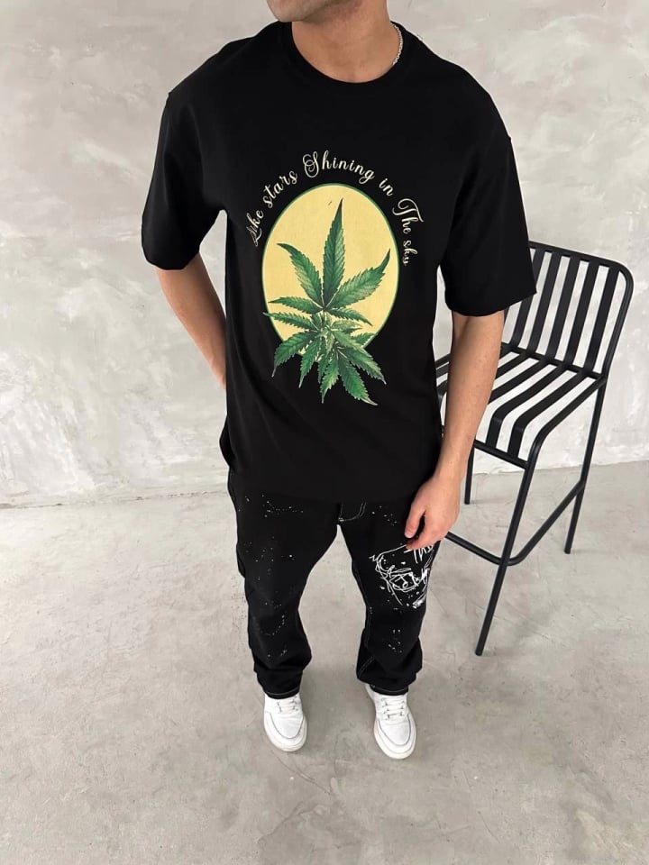 Ön Ve Arka Baskılı Oversize Bisiklet Yaka T-shirt- Siyah