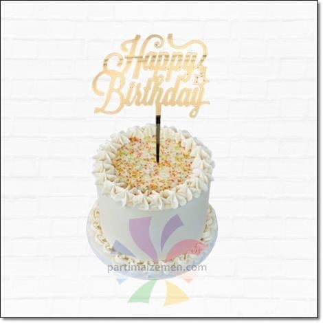 Pasta Süsü Pleksi Happy Birthday Gold