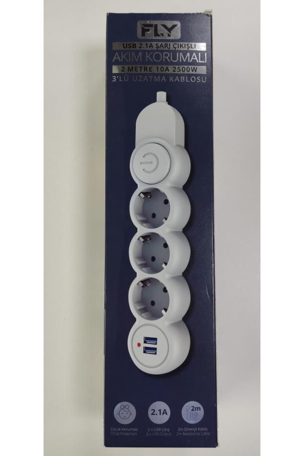 3393-01 3lü 2mt 2.1A Anahtarlı 2Usb Şarj Çıkışlı Akım Korumalı 2500w