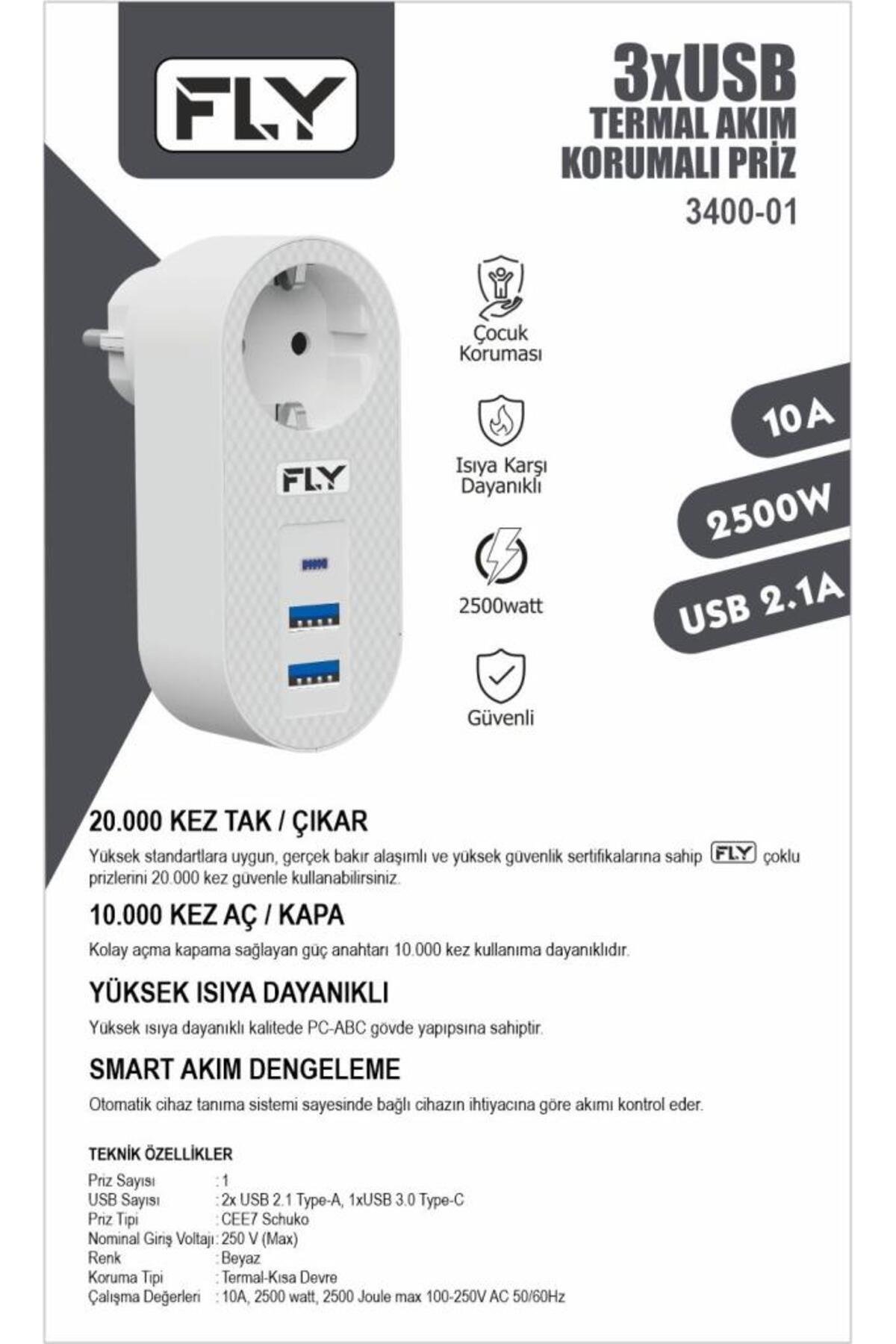 3400-01 1'li A.korumalı Beyaz Priz 2usb Tip-c