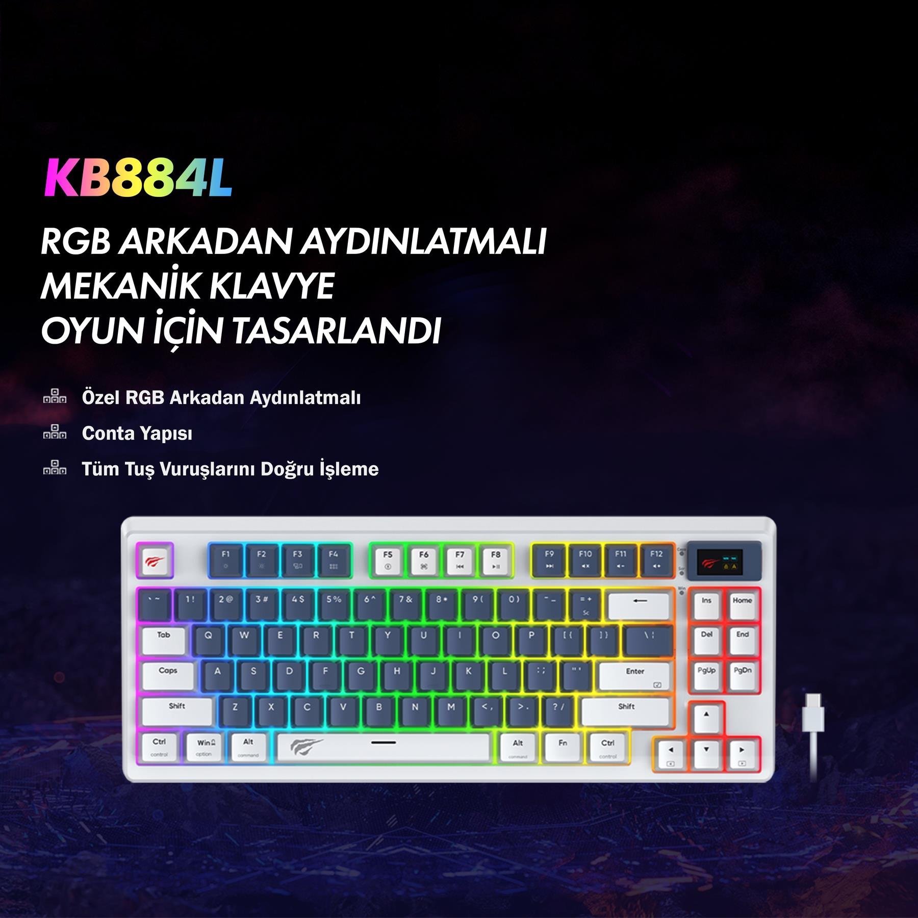 Havit Gamenote Kb884L Rgb Mekanik Türkçe Klavye 1.06inç Tft-lcd Ekran - Red Switch
