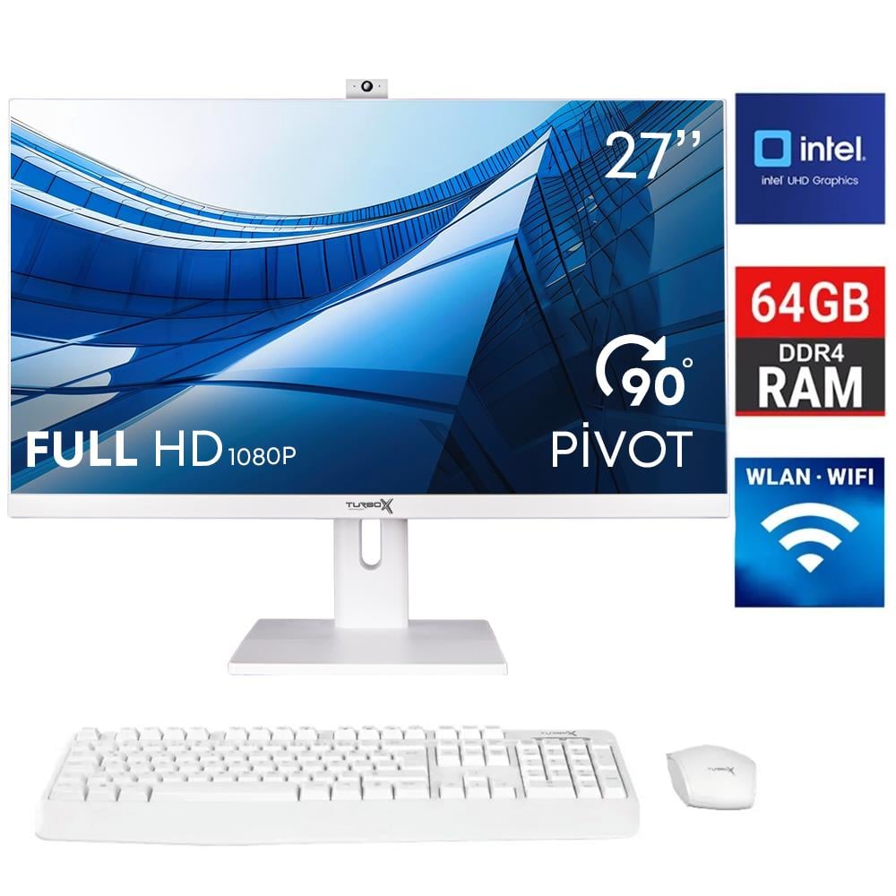 TurboxTAxPro16 i5 9400 64GB DDR4 Ram 2TB SSD 27 inç FHD Beyaz Bluetooth Webcam WiFi All in One PC