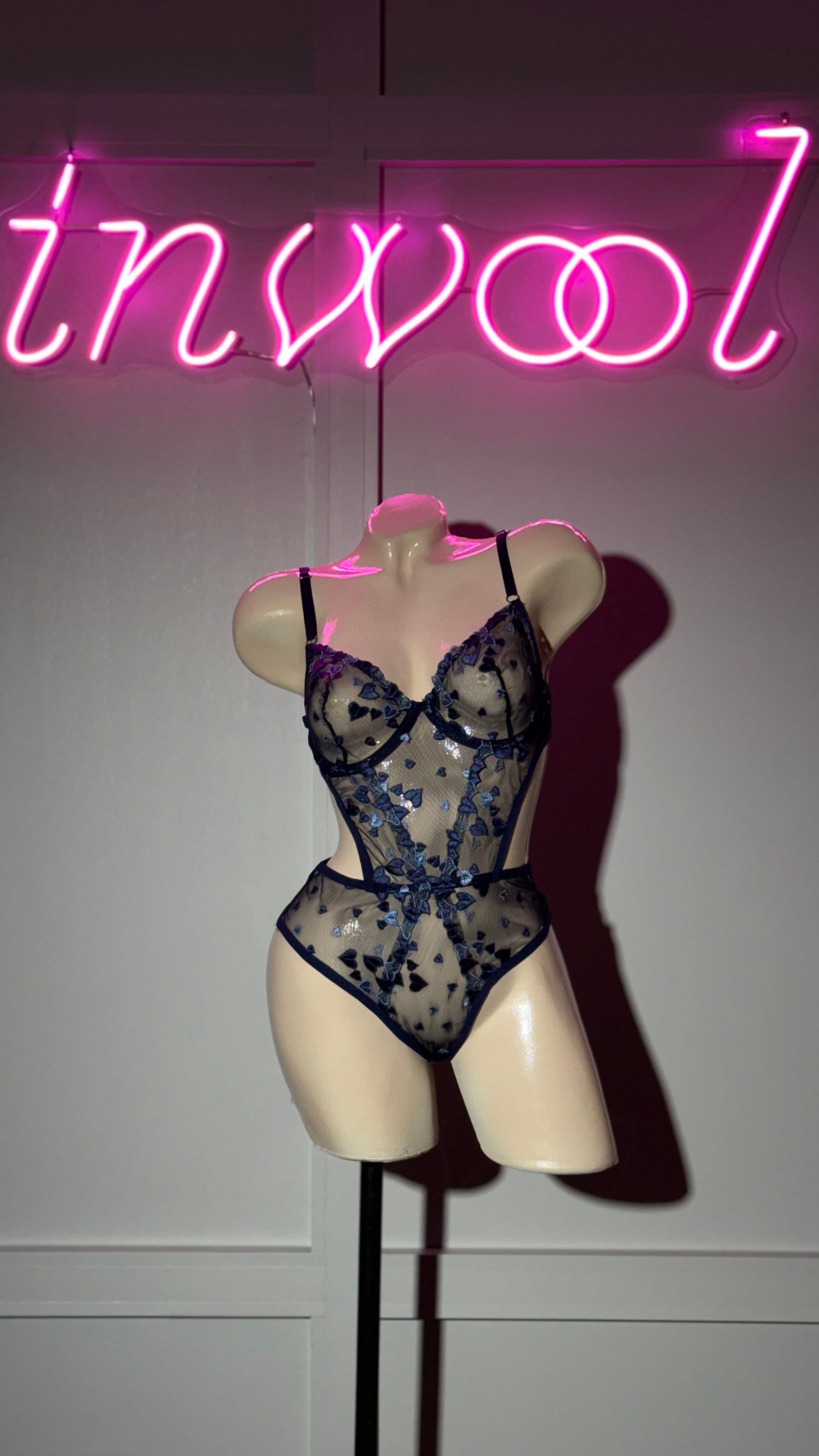 Dantelli Lacivert Balenli Transparan Bodysuit