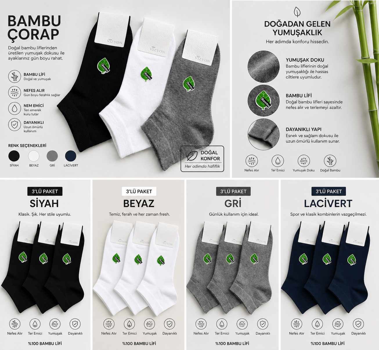Vizyon Erkek Gri Bambu 3'lü Çorap