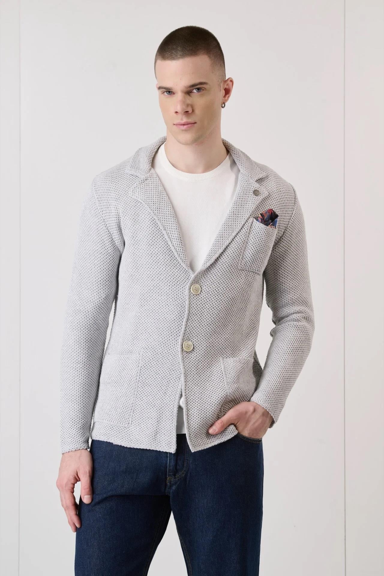 V2 Brand Made in Italy Erkek Düğmeli Cepli Hırka Guopeprl U007935 GRI