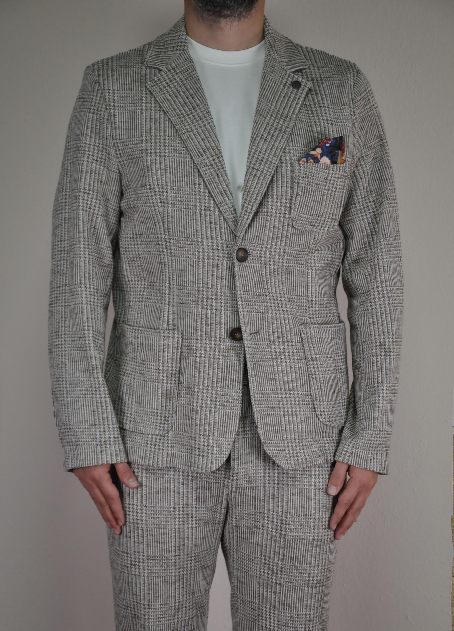 V2 Brand Made in Italy Erkek Ekoseli Düğmeli Takım Elbise QUSAB U007929 KAHVE
