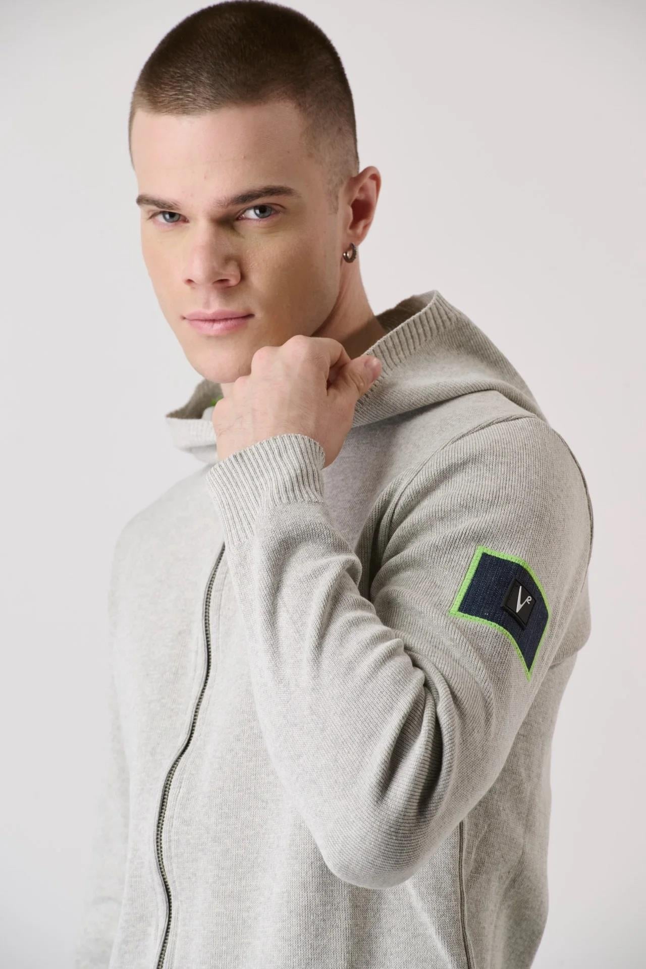 V2 Brand Made in Italy Erkek Kapüşonlu Fermuarlı Triko Hırka Mapstozıppe U007939 GRI