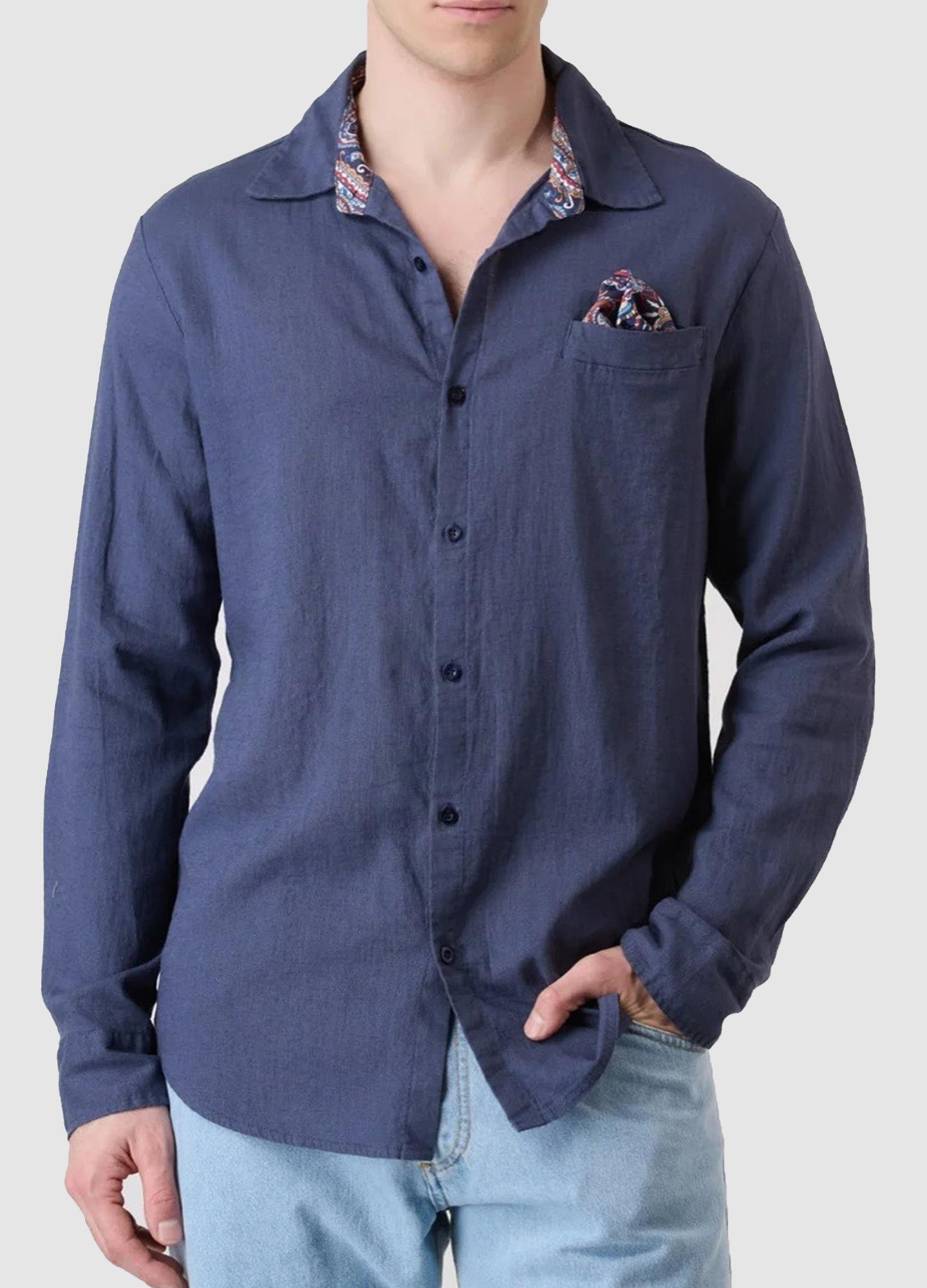 V2 Brand Made in Italy Erkek Keten Gömlek CUSCLLIBL U007928 LACIVERT