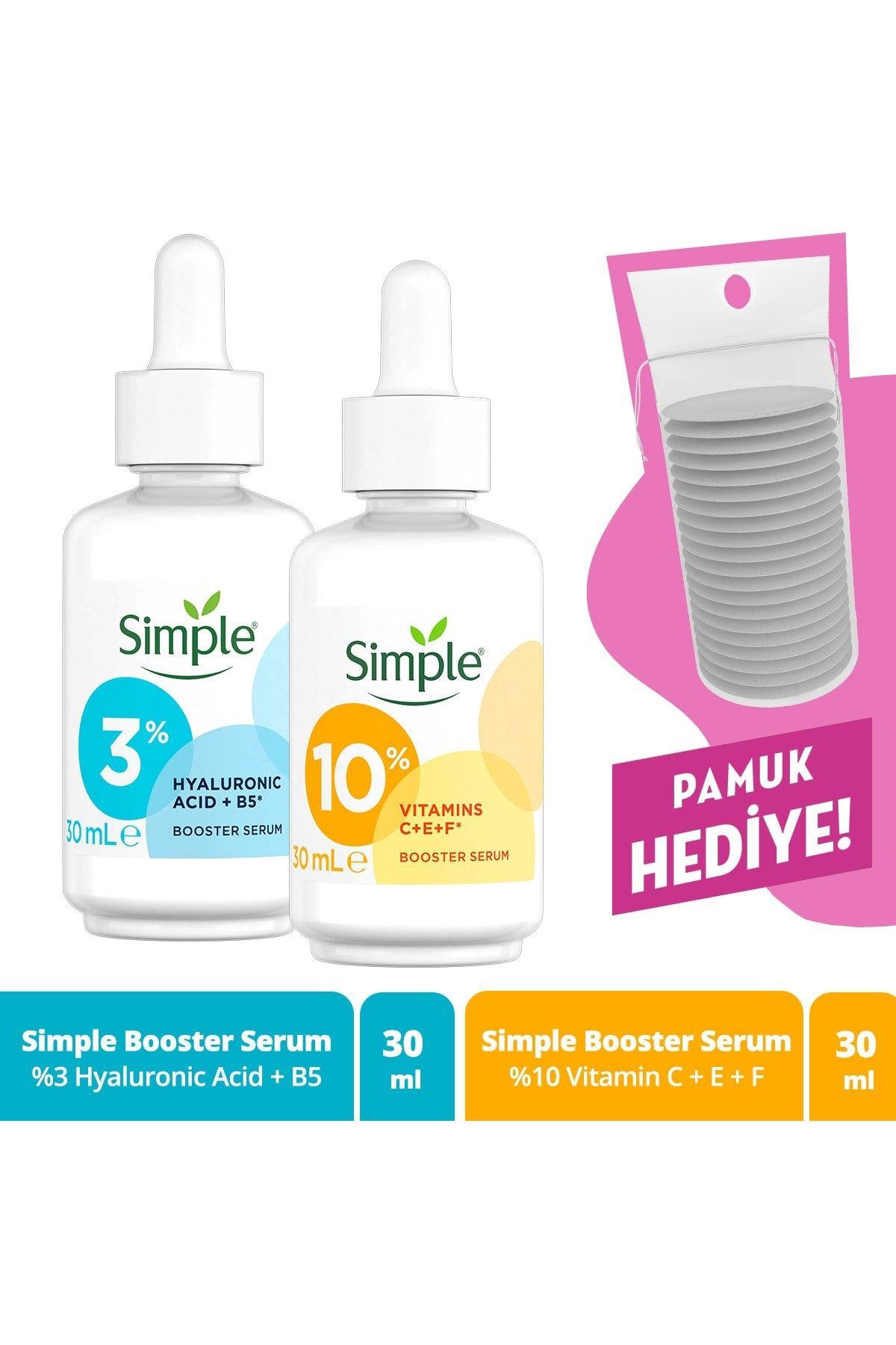 Booster Serum %10 Vitamin C+F+E 30 ml + Booster Serum %3 Hyaluronic Acid + B5 30 ml + Pamuk