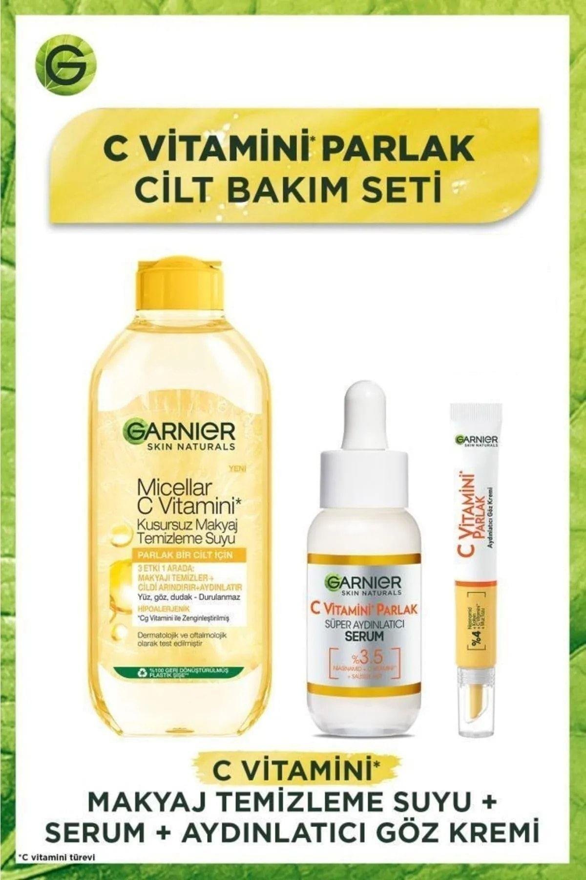 C Vitamini Parlak Aydınlatıcı Göz Kremi 15ml + Süper Aydınlatıcı Serum 30ml + Makyaj Temizleme Suyu