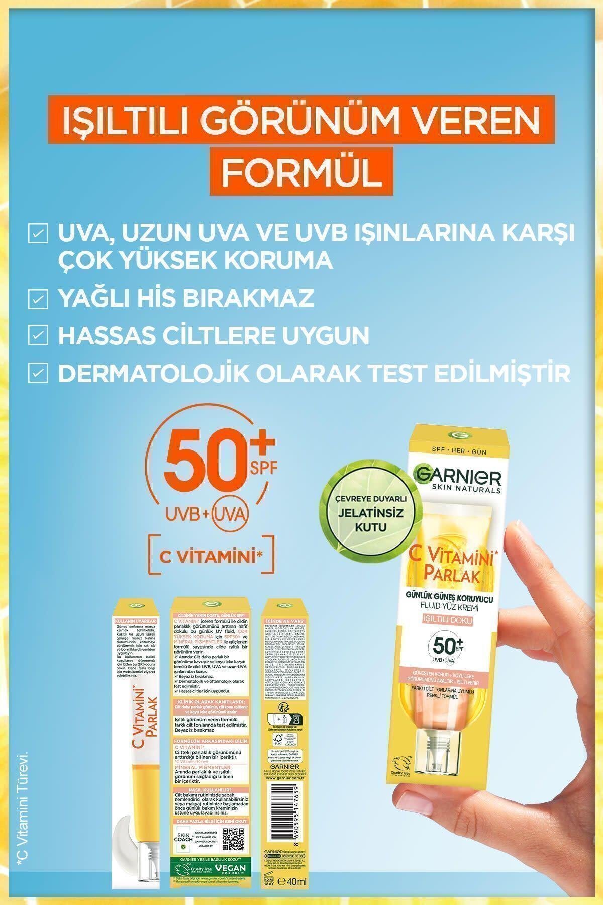 C Vitamini Parlak Günlük Uv Korumalı Güneş Yüz Kremi Spf50 Işıltılı Doku 40ml