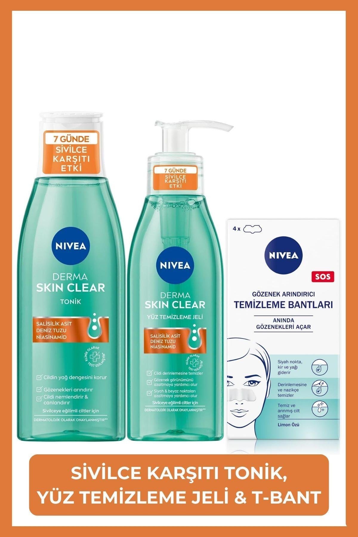 Derma Skin Clear Sivilce Karşıtı Yüz Temizleme Jeli 150ml, Tonik 200ml, T-Bölgesi Burun Bandı