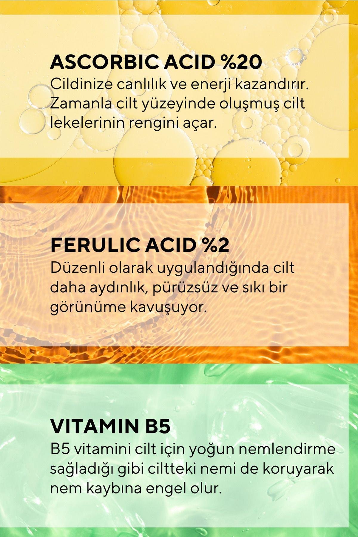 Leke Karşıtı Aydınlatıcı Vitamin C Serum Glutatyon, Ferulic Asit, %20 Ascorbic Asit 30 ml