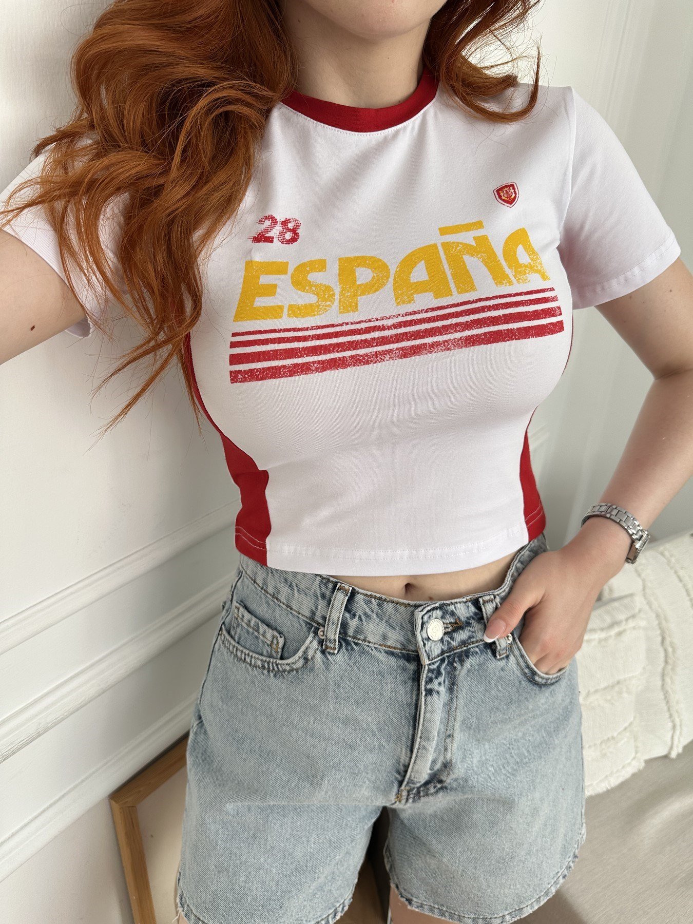 28 Espana Baskılı Crop T-shirt Beyaz