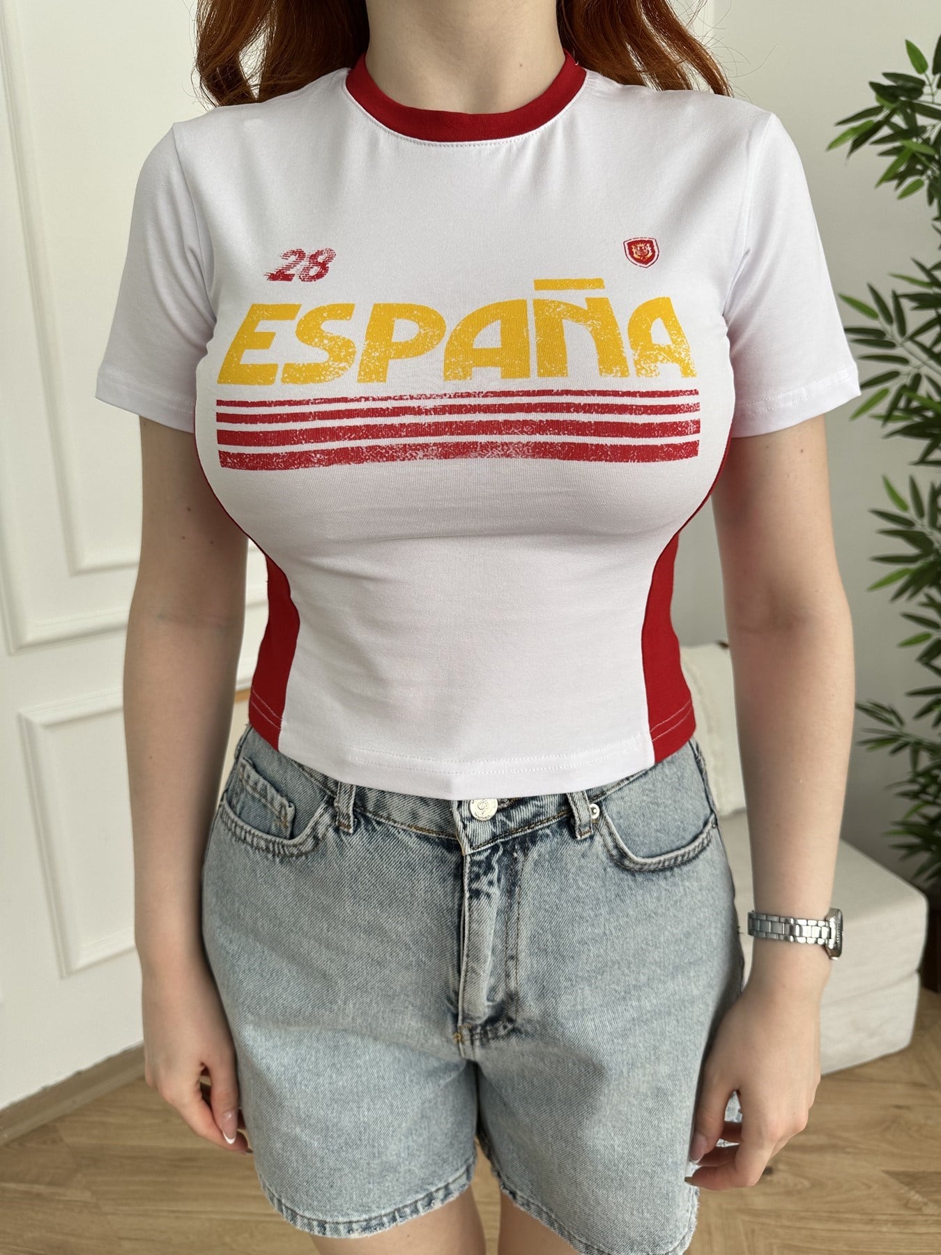 28 Espana Baskılı Crop T-shirt Beyaz