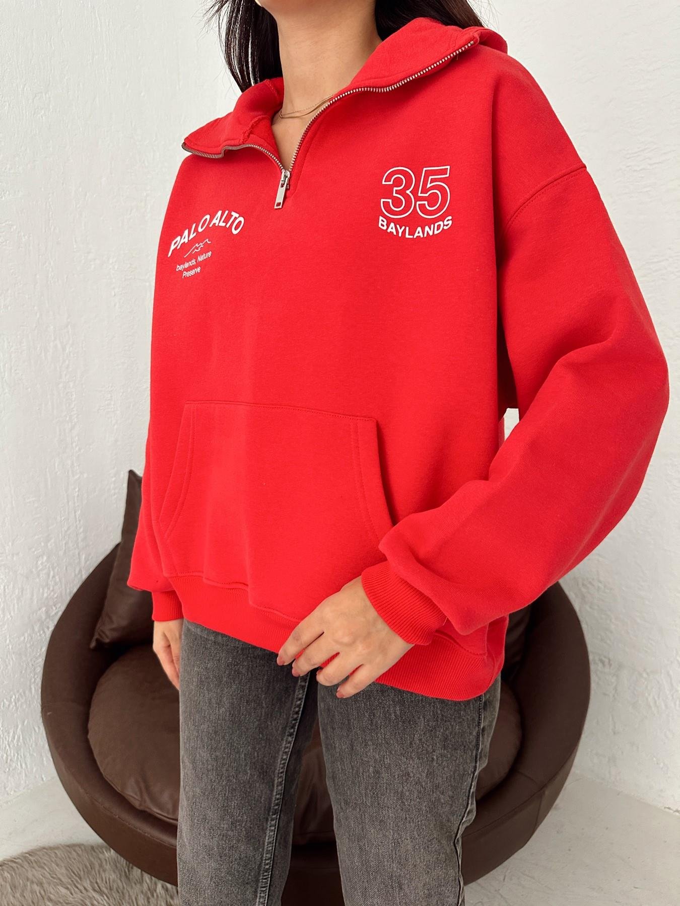35 Baskılı Sweatshirt KIRMIZI